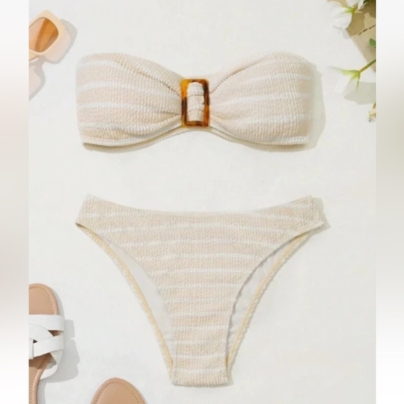 NEW SHEIN Tan White Tortoise Ribbed Strapless Bikini Swimsuit 2 Pc Beach Woman L - Picture 1 of 11